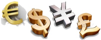 Simboli di euro, dollaro, yen e sterlina, principali valute del mercato forex